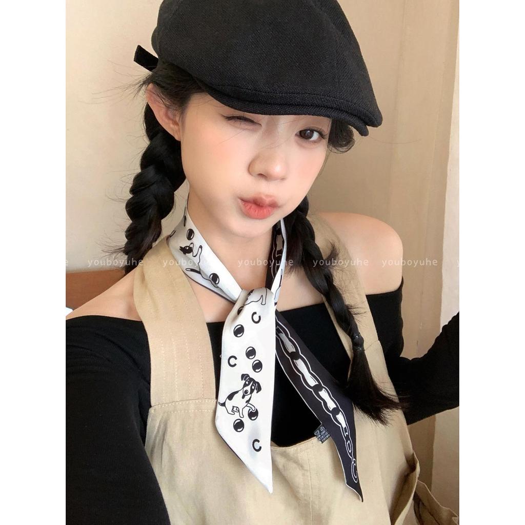 Korean Polka Dot Silk Scarf: Black & White Long Ribbon for Women