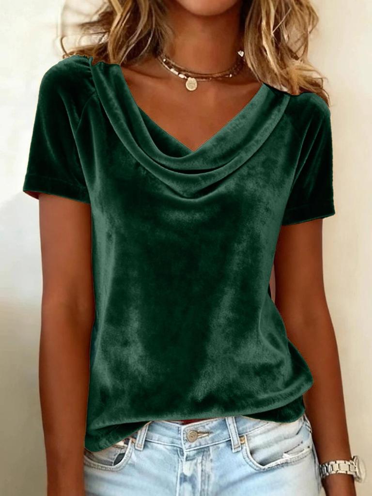 Moda Transfrontaliera 2026: T-shirt da donna in velluto a tinta unita con colletto a balze e maniche corte