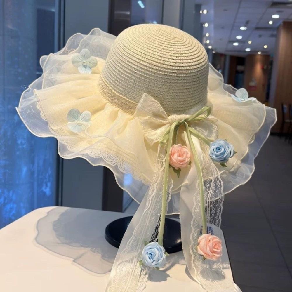 Elegant Rose Ruffle Edge Straw Hat Breathable Mesh Wide Brim Bucket Hat Elegant Minimalists белый