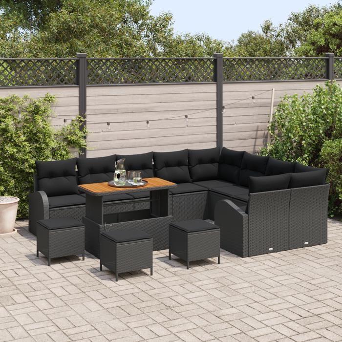 VidaXL Ensemble de 13 Pièces de Sofa de Jardin avec Coussins Noir Poly Rattan Acacia 3364389