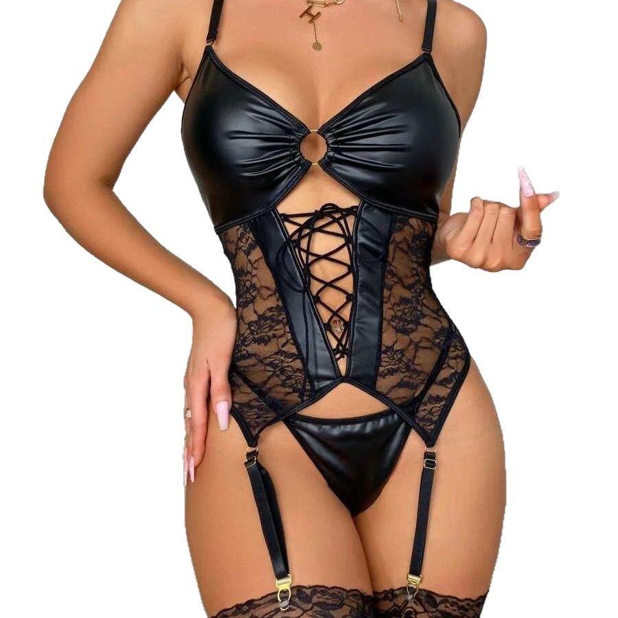 Cross-border European and American patent leather lace patchwork fun nightclub underwear, sexy and alluring, seductive and passionate flirting set