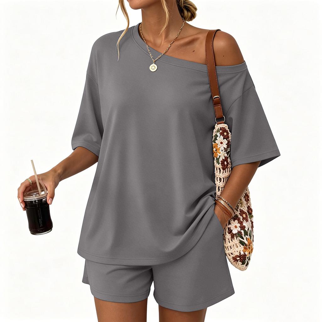 Women Casual Two Piece Set Short Sleeve Loose Fit Top and Elastic Waist Shorts Lightweight Lounge Wear Summer Outfit