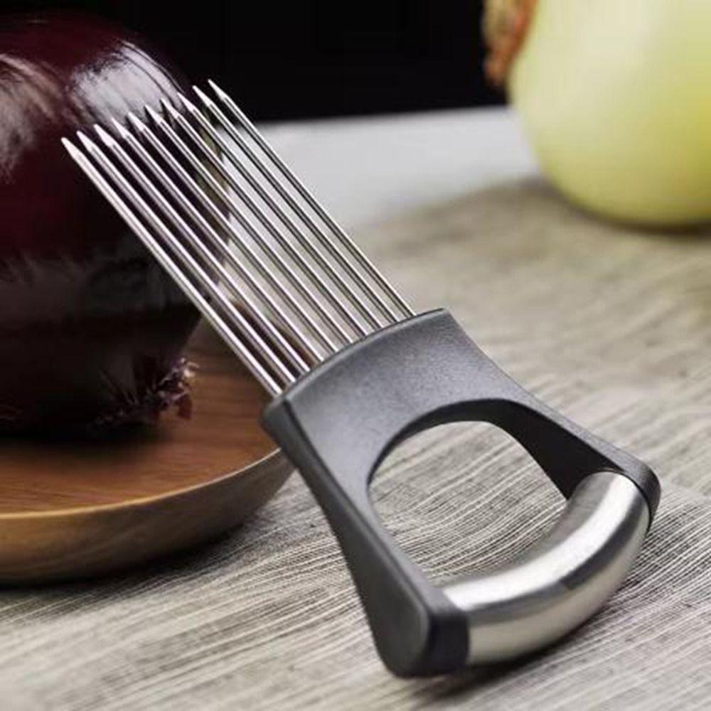 Stainless Steel Onion Cutter Holder Full Grip Handle Waterproof Meat Tenderizer Black Vegetables Cutting Fork for Home