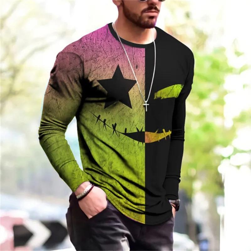 Modny Wzór Europejski T-shirt z Długim Rękawem Dla Mężczyzn Casualowy Jesienny Trend Top Okrągły Dekolt T-shirt Odzież