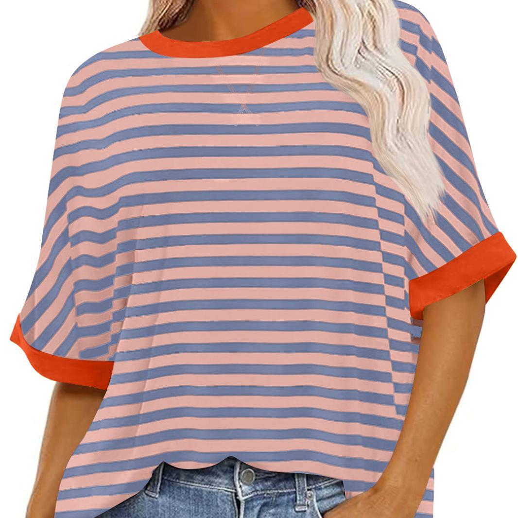 

Женская летняя повседневная полосатая футболка с цветными блоками и круглым вырезом, с рукавами «летучая мышь» XL
