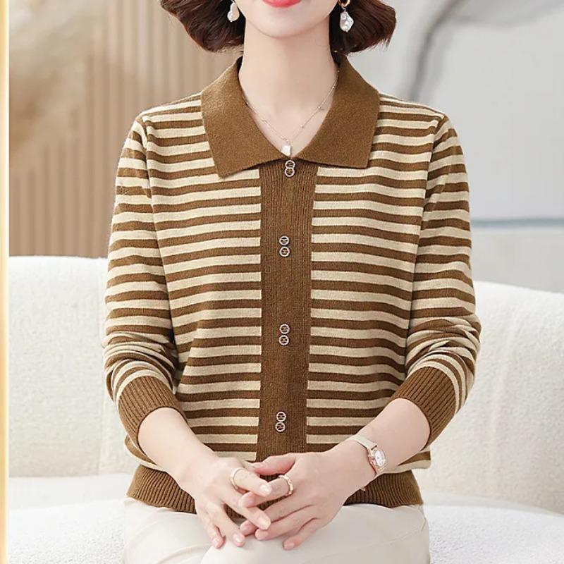 Autumn and Winter Loose Lapel Women's Western Style Striped Knitted Sweater Long-sleeved Bottoming Shirt Top