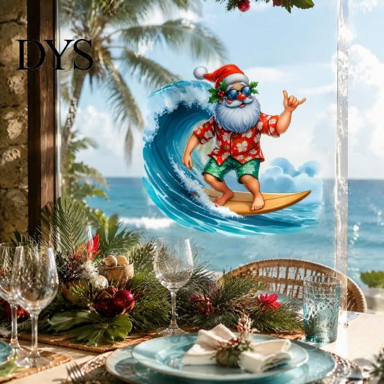 DIY Window Display Stickers Christmas Surfing Santa Claus Static Glass Sticker, Tropical Waterproof PVC Decal for Sunproof Surface Decals Home