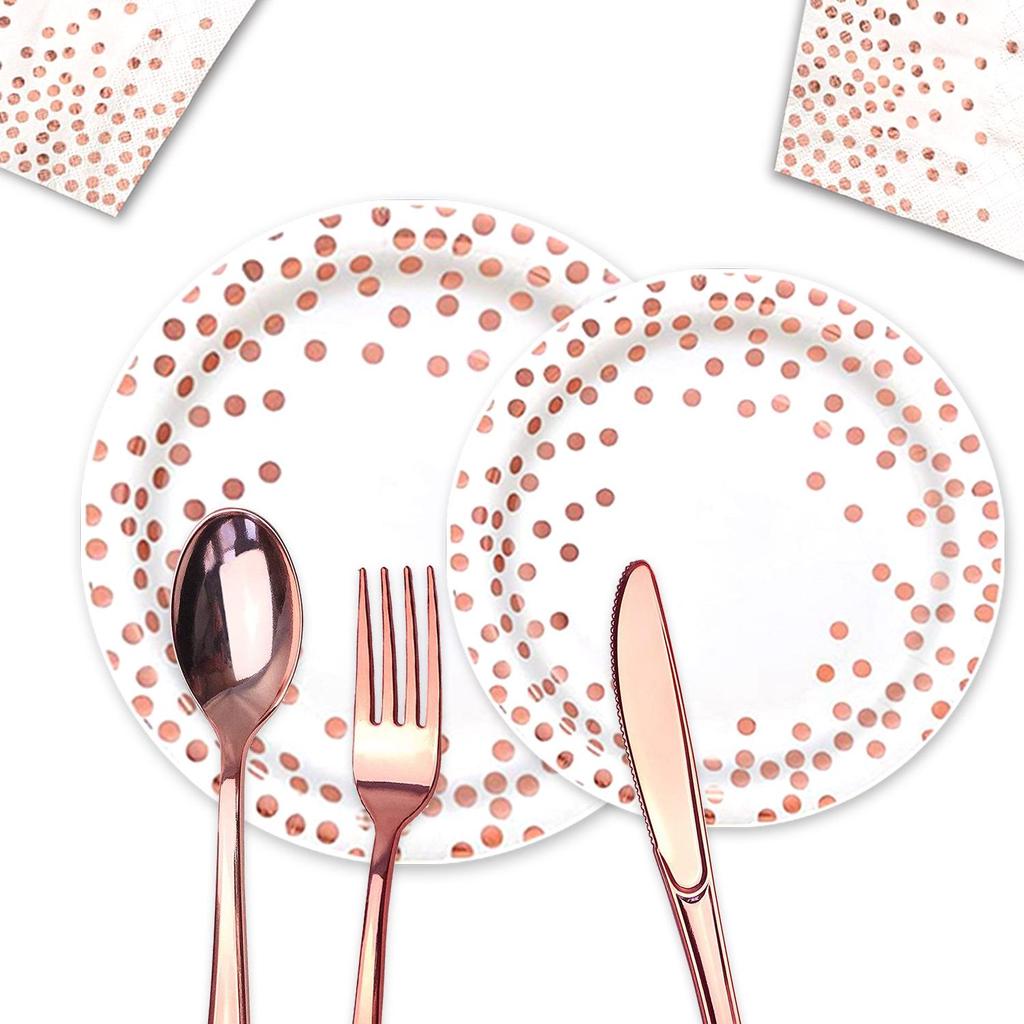 White Hot Stamping Rose Gold Polka Dot Disposable Birthday Paper Plates Set