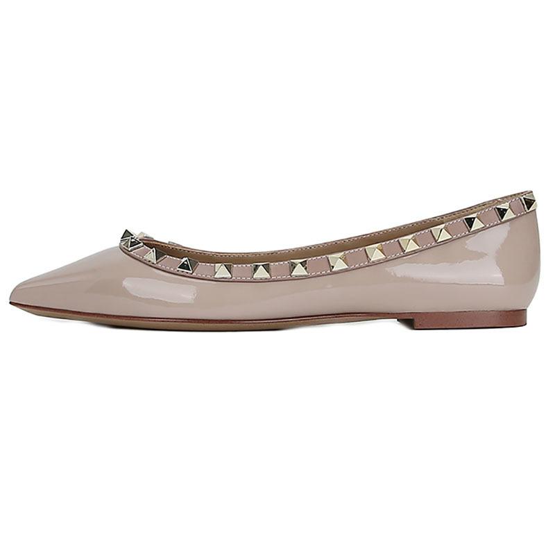 Cowhide version~ 2025 new V home single shoes women's shallow mouth rivet pointed flat shoes Internet celebrity rivet flat shoes