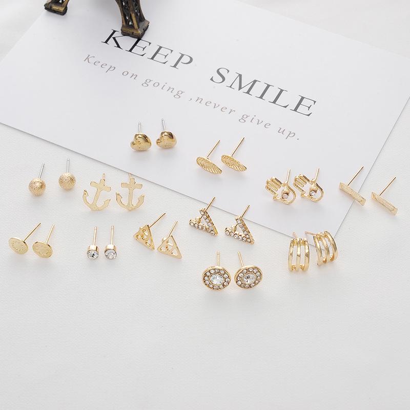Trendy European & American 12-Pair Geometric Stud Earrings Set