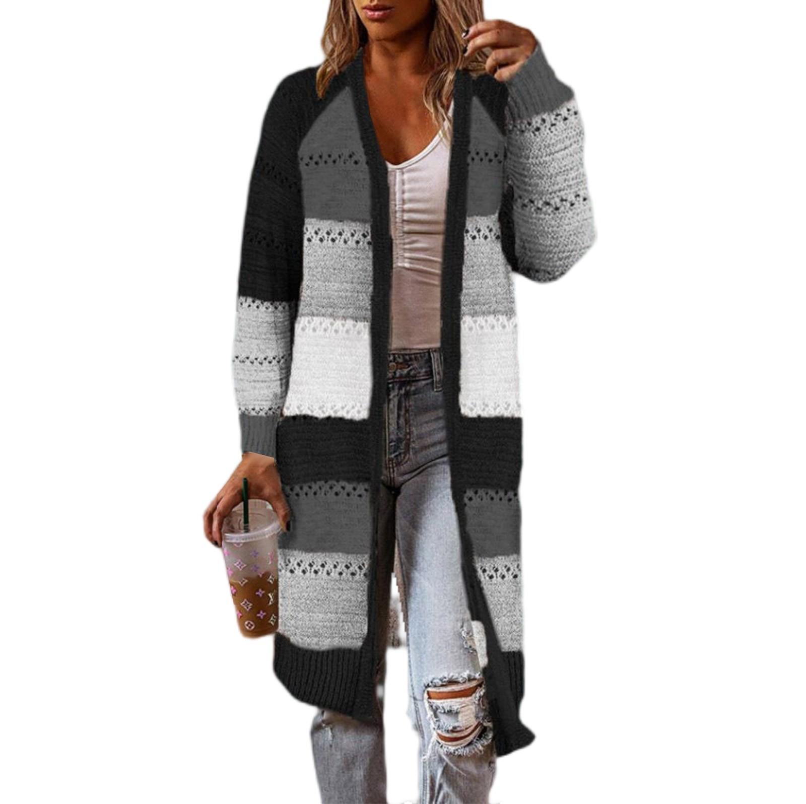 

Женский вязаный кардиган с открытым передом и цветными полосками, вязаные крючком свитера с длинным рукавом, повседневная модная верхняя одежда S чёрный