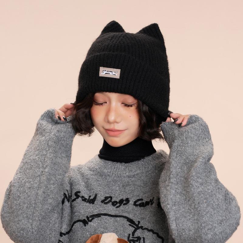 New cute cat ear wool hat women's autumn and winter warm versatile face small sticker knitted ear hat
