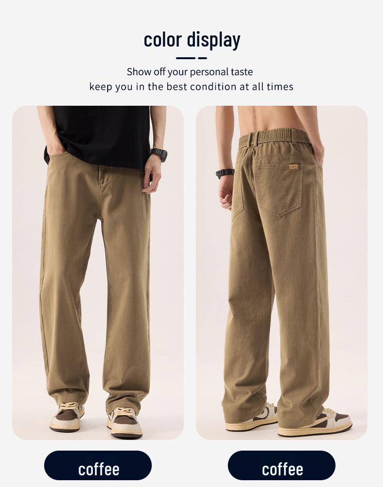 Men's All-Cotton Elastic Waist Wide-Leg Casual Pants - Solid Color, Floor-Length, Autumn Style