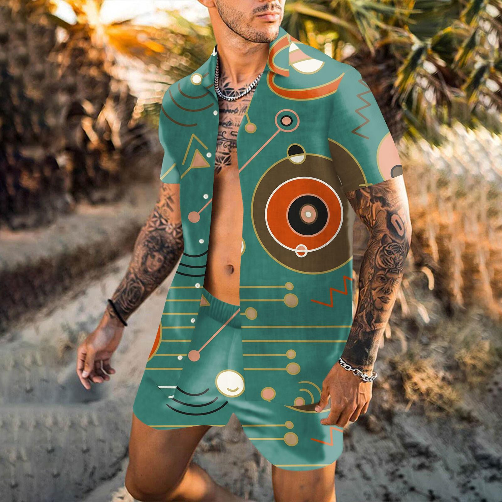 

Мужская рубашка с цветочным принтом, гавайские комплекты, повседневная рубашка на пуговицах с коротким рукавом XL темно-зеленого