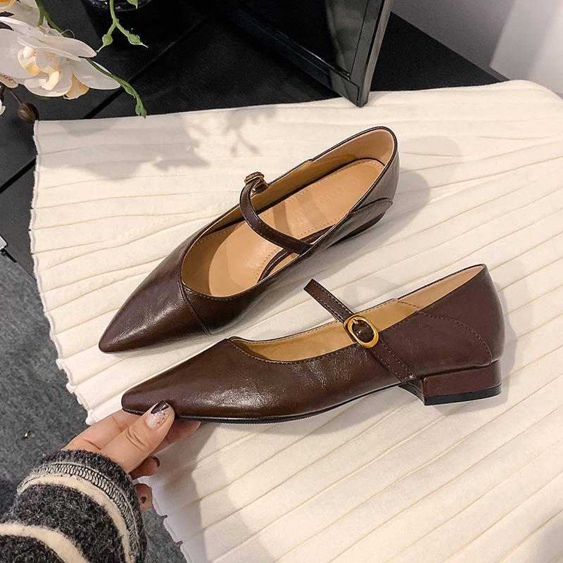 

2025 Весенние Ретро Туфли-Мэри Джейн на Низком Каблуке с Одной Планкой и Острым Носком 36 коричневый