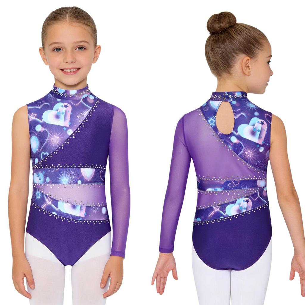 Girls Gymnastic Leotard Sparkly Rhinestones Patchwork Asymmetric Sleeve Design Back Hole Out Crotch Press Buttons Dance Unitard Competition Bodysuit