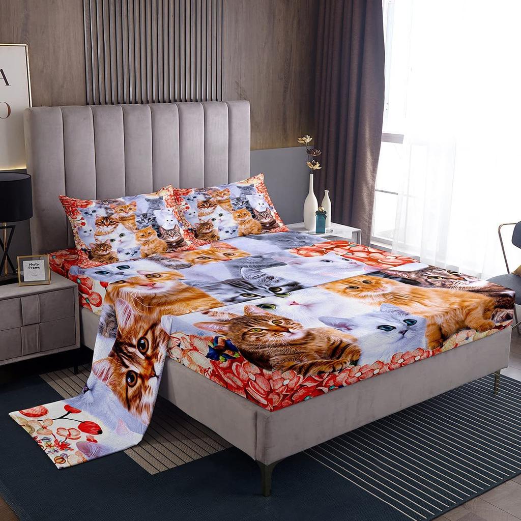 Animal Cat and Dog Pattern Bed Hat Four-piece Bedding Set Bedroom Dormitory Bedding Decoration