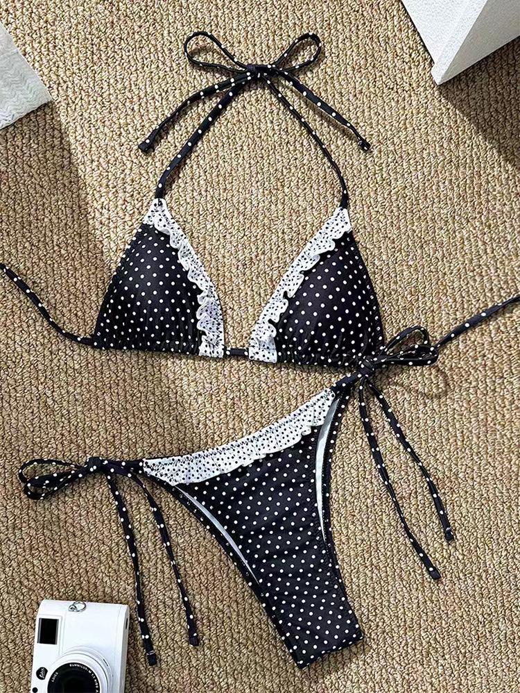 Pure Desire Polka Dot Bikini with Lace Skirt - Small Chest Support Resort Swimsuit for Women