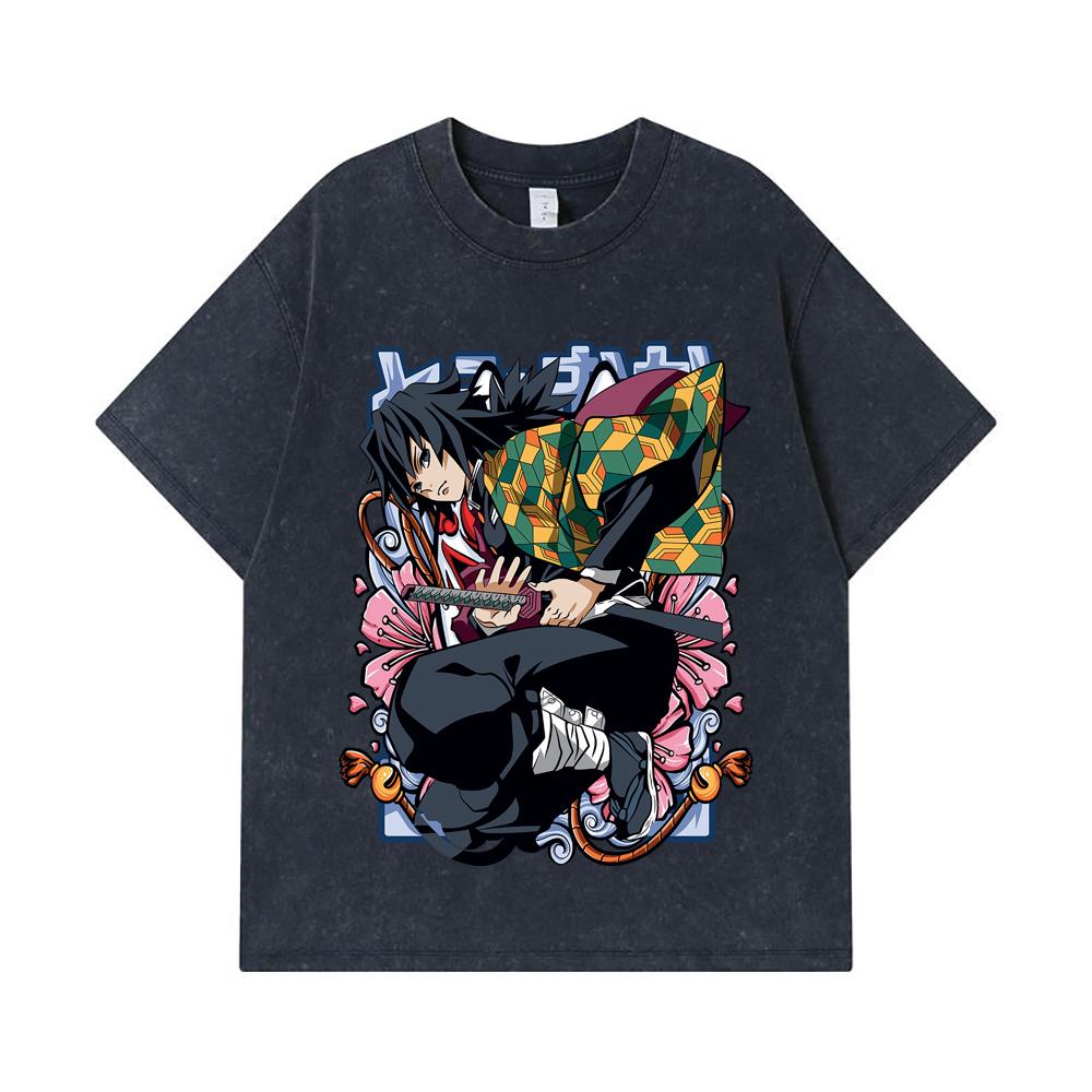 275 GSM Washed T-shirts 100% Cotton Demon Slayer V74 Tomioka Print Unisex Heavy Cotton T Shirt