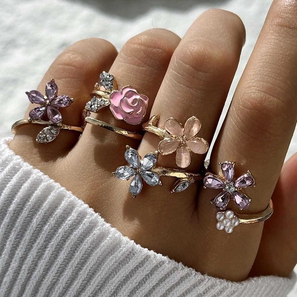 4 pcs Crystal Rhinestone Flower Rings Simple Finger Jewelry Sweet Opening Finger Ring  Gifts