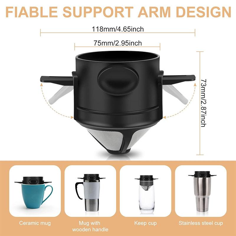 Pour Over Coffee Dripper Portable Stainless Steel Coffee Filter Reusable Mini Collapsible Paperless Single Serve 1 Cup JT587