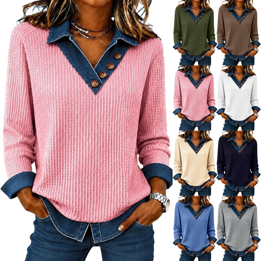 T-shirt casual da donna in maglia a maniche lunghe con colletto e design a pannelli per l'uso quotidiano