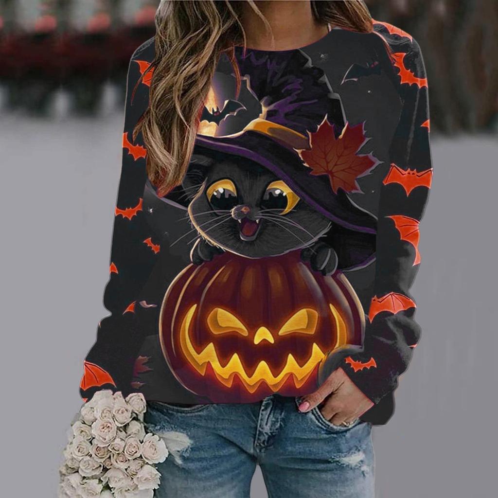 Women's Casual Fashion Halloween Print Long Sleeve Pullover T-shirt Top