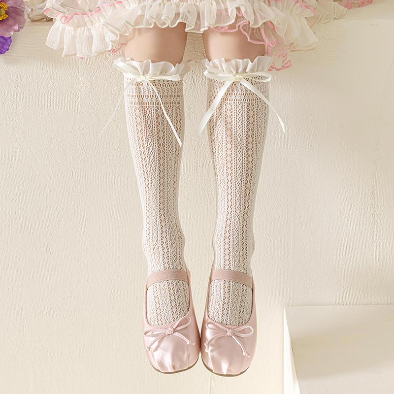 Girls Retro Geometric Bow Over Knee High Socks Sweet Princess Hollow Mesh Stockings Cute Long Socks For Kids Baby