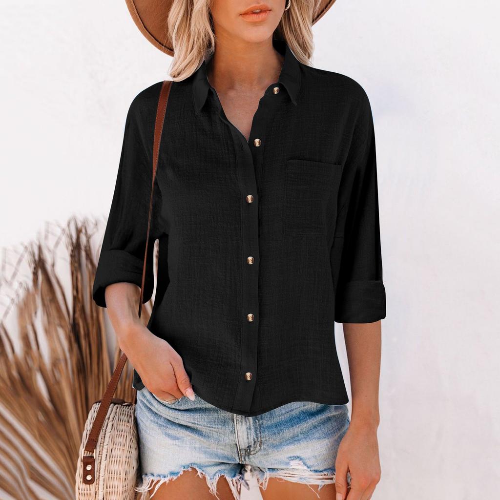 Women's Loose Cotton Linen Solid Color Long Sleeve Cardigan Irregular Pocket Shirt Top
