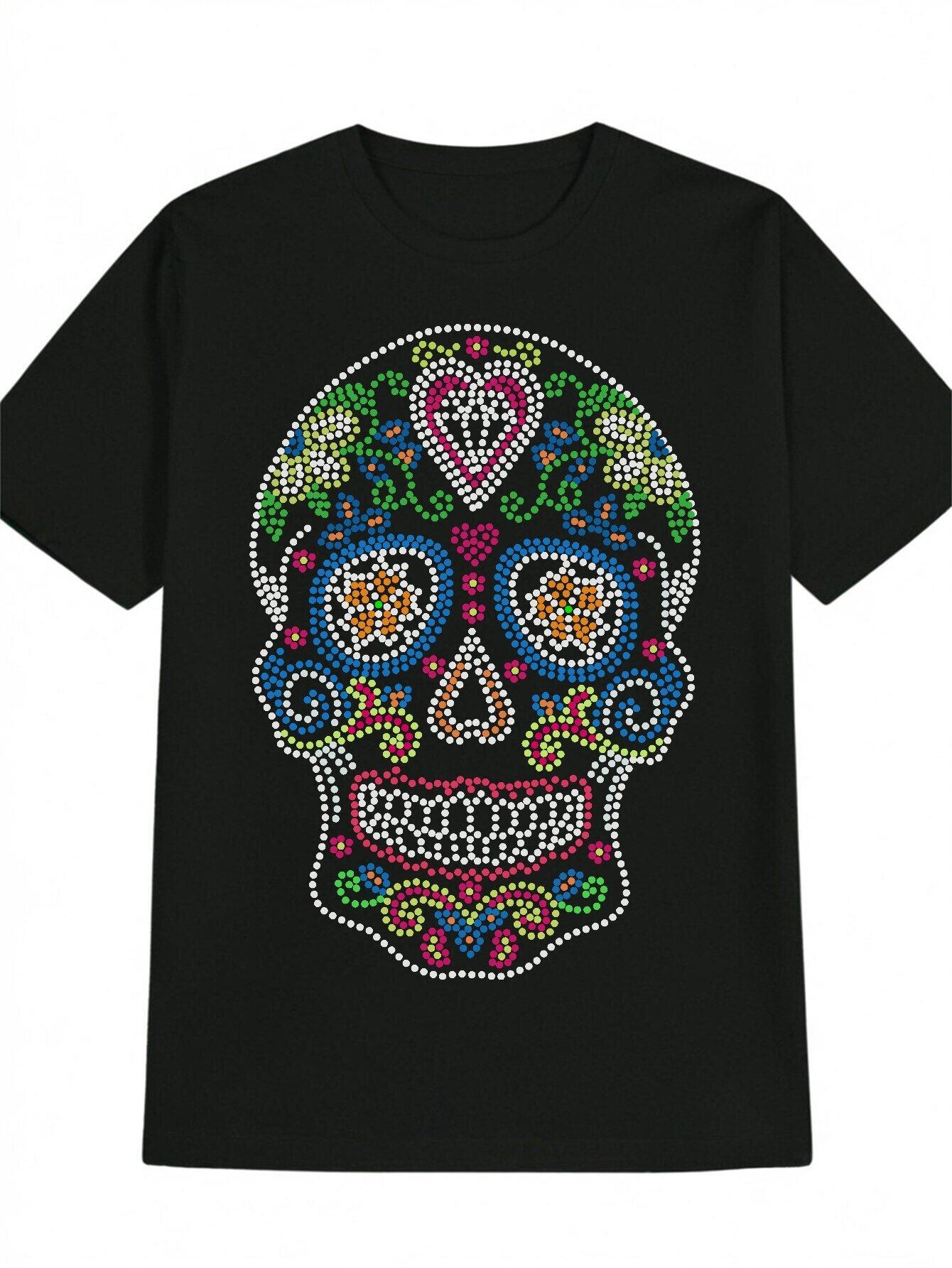 Men S Casual Crew Neck T-Shirt with Colorful Skull Print XXL