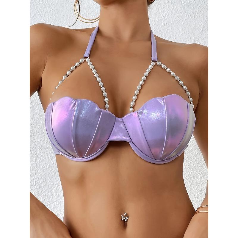 Sexy Petal Bikini Swimsuit Solid Color Petal Cup Pearl Chain Steel Band Bikini Top