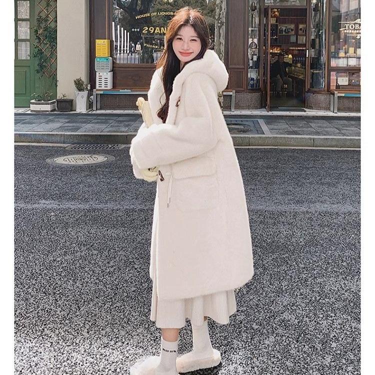 Zimní kabát z jehněčí kožešiny pro ženy s kapucí, dlouhá bunda z umělé kožešiny, teplé zahuštěné plyšové svrchní oblečení, roztomilý styl