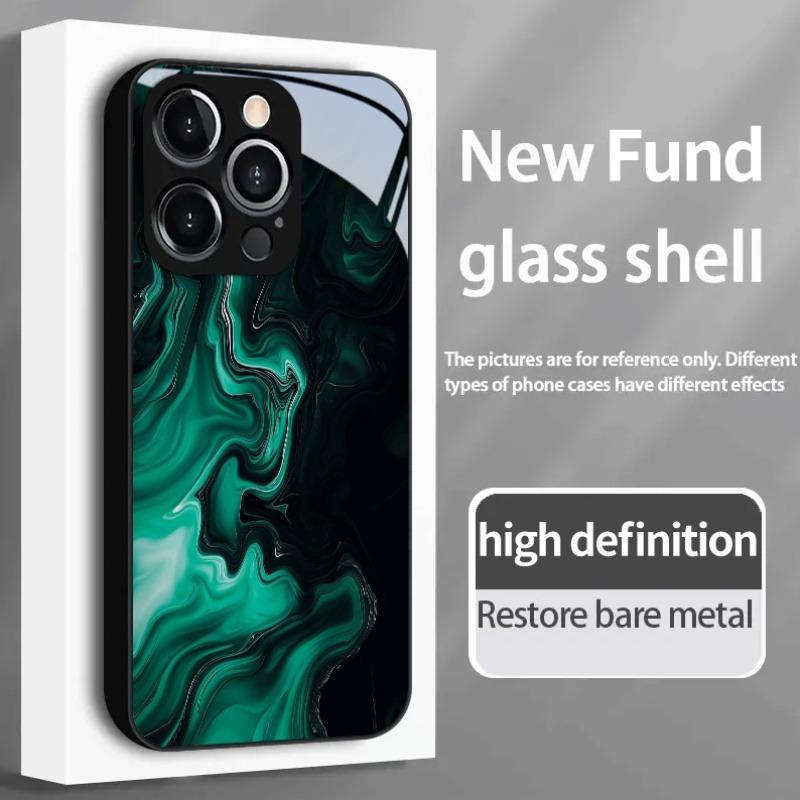 Ink Green Flowing Pattern Tempered Glass Black Phone Case For iPhone 17 16 15 14 13 12 11 Pro Max 17 Air 7 8 Plus XS X XR Cover