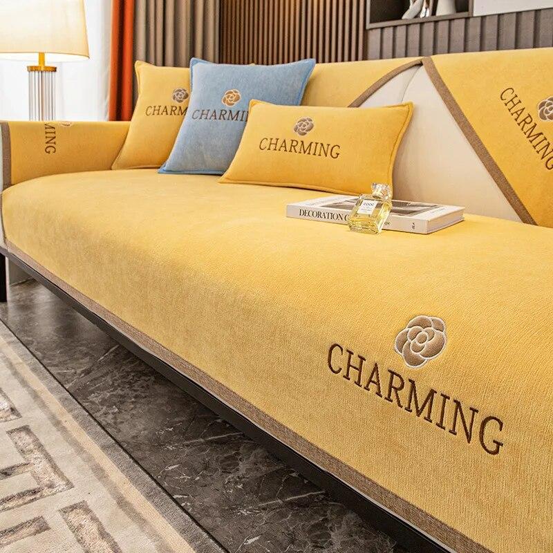 

Однотонный чехол для дивана из синели для гостиной, роскошный чехол для дивана с вышивкой, современный простой универсальный нескользящий мягкий диван-полотенце 70x70cm 1pcs