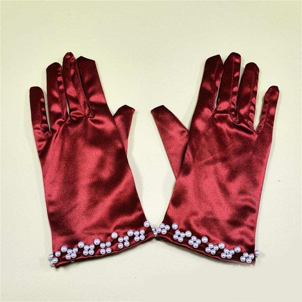 Satin Gloves Evening Galas Gloves with Beaded Trim Short Gloves Wedding Bride Gloves Formal Occasion Stage Props Gloves