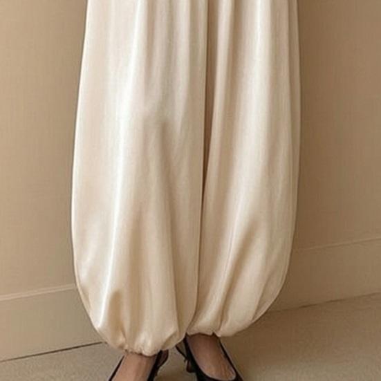 Women Satin Bloomers, High Waist Wide Leg Trousers, Pure Color Loose Fit Flowing Pants for Office Date Night Casual Daywear