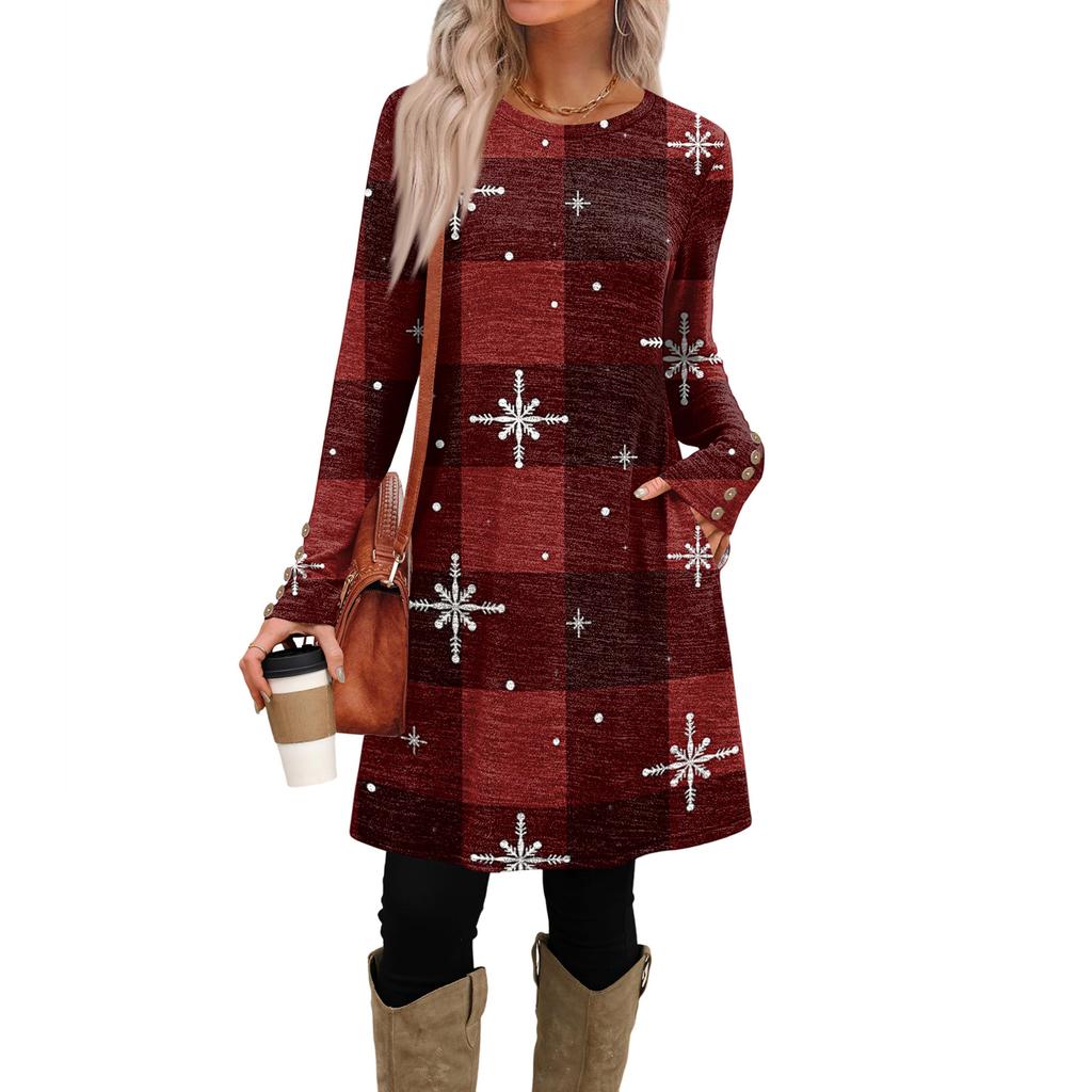 Damenmode Freizeitkleid mit Taschen, dekorativen Knöpfen, Rundhalsausschnitt und langen Ärmeln