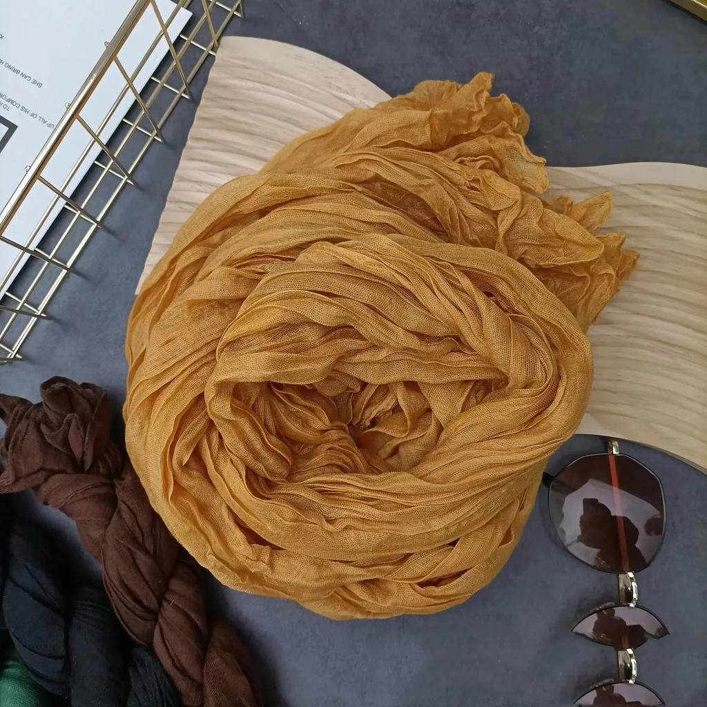 Solid Color Cotton Linen Scarf Retro Autumn Winter New Pleated Green Thin Strip Shawl Men'S Women'S Thermal Silk