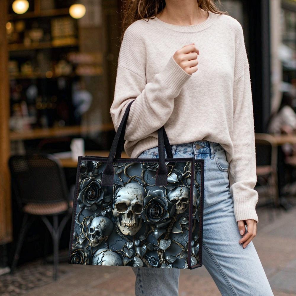 Gothic Skull Rose Print Shoulder Tote Bag Fashion Daily Use Casual Handbag for Street Outgoing Carry All
