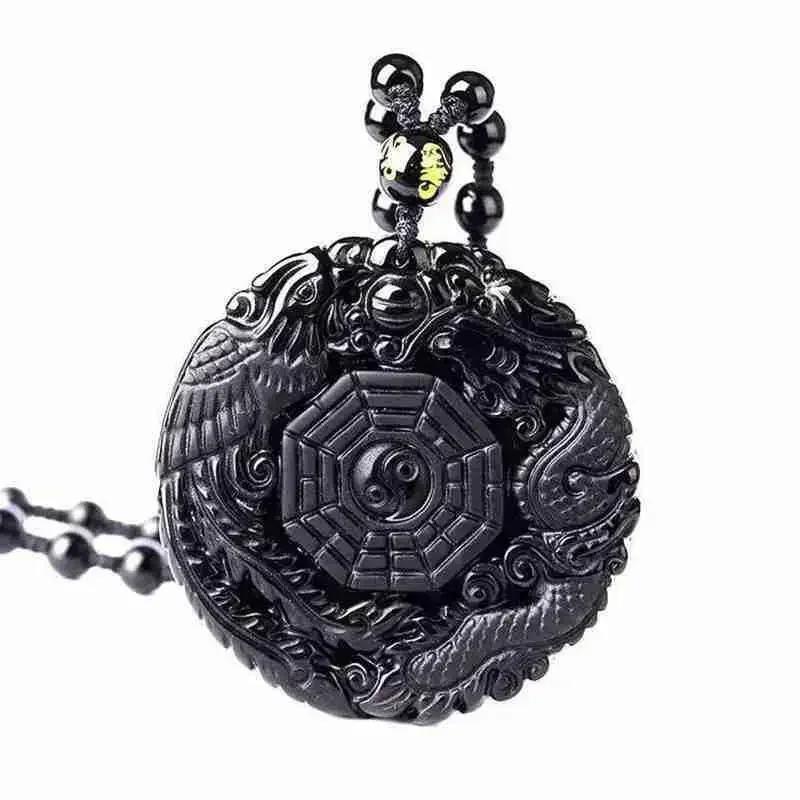 Obsidian Gossip Pendant Necklace Carving Dragon and Phoenix Shape Lucky Amulet Jewelry Six-Character Mantra Pearl Jewelry
