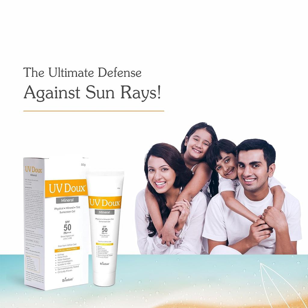 Brinton UV Doux SPF 50 PA+++ Mineral Based Sunscreen Gel | No White Cast | Tinted & Water Resistant | UVA/UVB Protection | Men, Women & Children - 50g