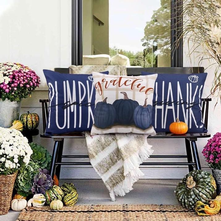 Halloween Pumpkin Decor Plaid Linen Throw Pillow Cover Living Room Sofa Lumbar Pillow Cushion