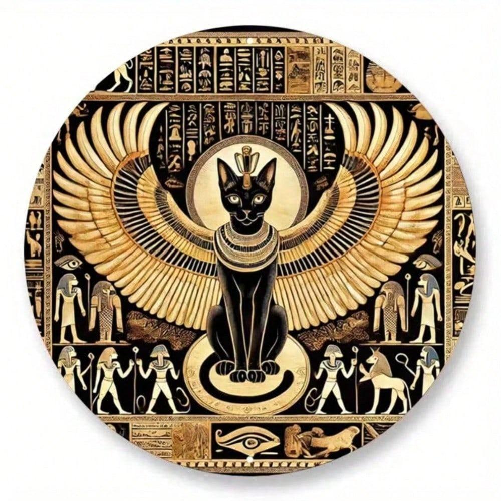 Poliertes Aluminium Bastet Katzen Göttin Wand Schild Metall Dekor für Gotische Bar Küche Vintage Halloween Rund Kunst