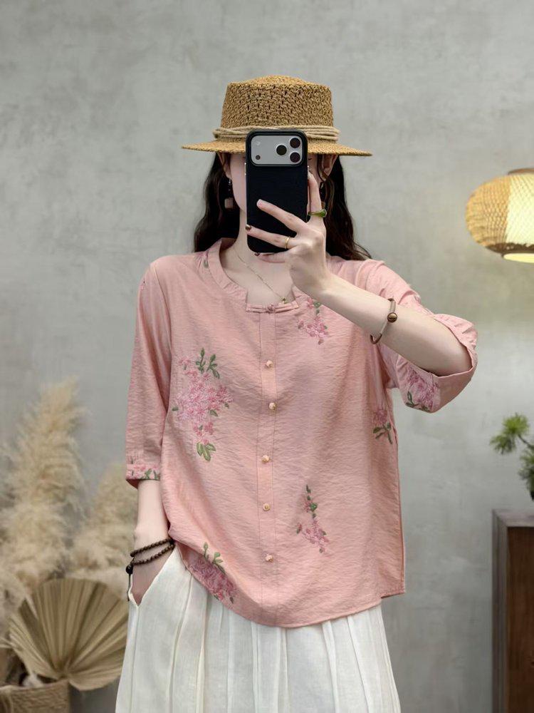 2026 Spring/Summer Women's Artistic Linen Embroidery Round Neck Single-Breasted Loose Slimming Retro Top