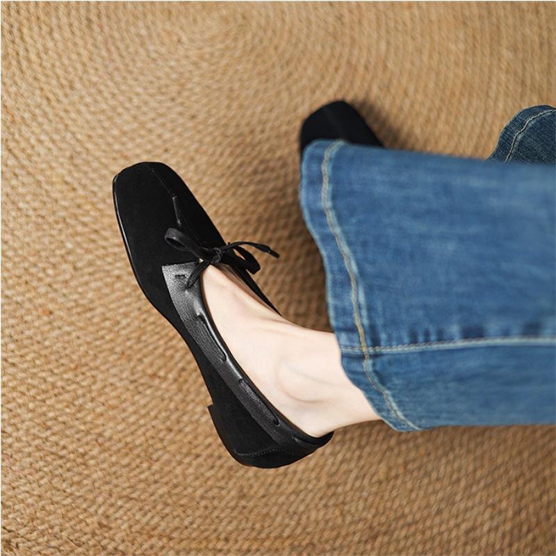 French small square head Mary Jane shoes women's spring and summer suede light mouth bow retro thick heel flat shoes small single shoes