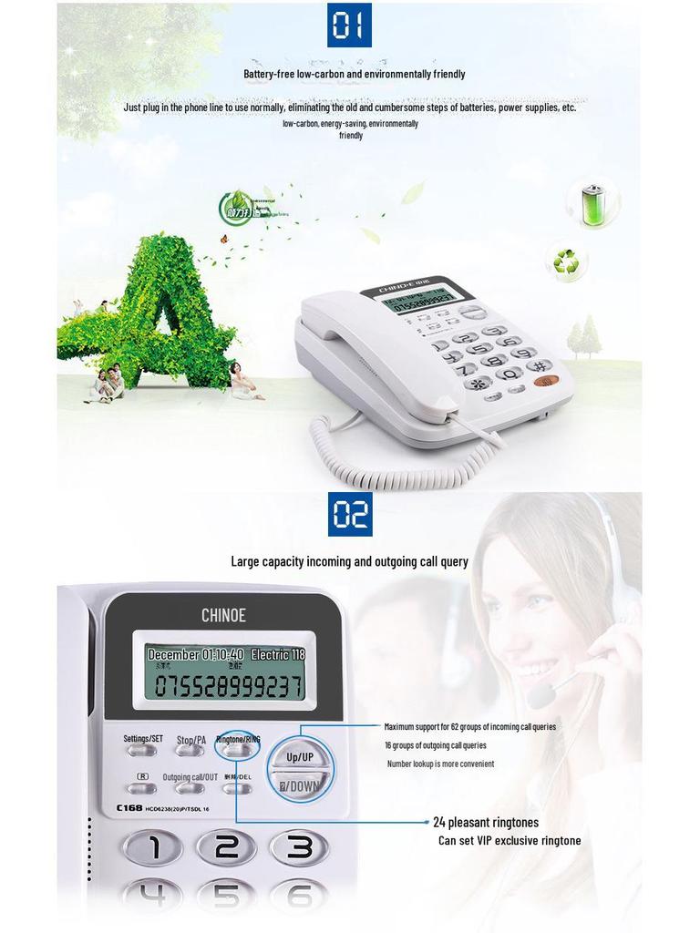 Zhongnuo C168 Kettős interfészű vezetékes vezetékes telefon hívófél-azonosítóval, akkumulátor nélkül, otthonra vagy irodába