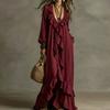 Women Casual Long Sleeve Dress V Neck Ruffle Trim Maxi Dress Retro Style Loose Fit Bohemian Dress
