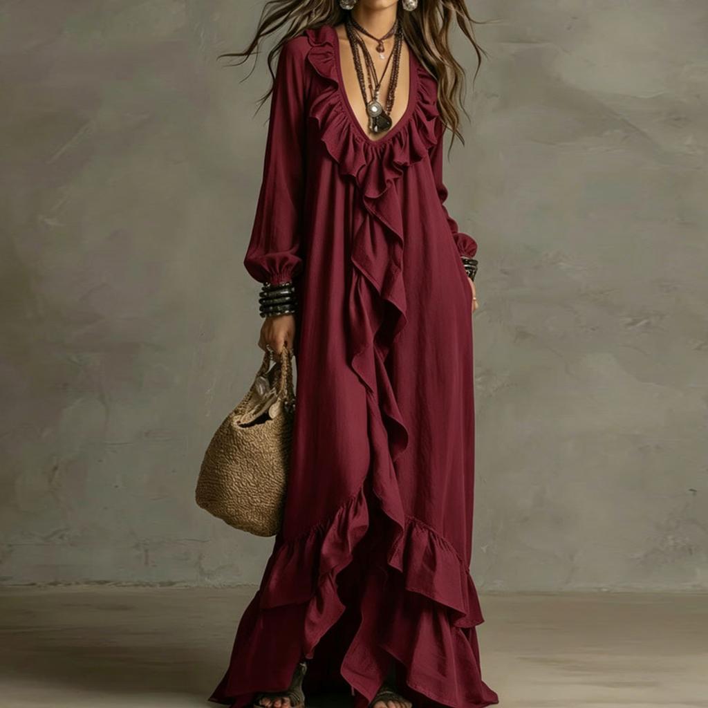 Women Casual Long Sleeve Dress V Neck Ruffle Trim Maxi Dress Retro Style Loose Fit Bohemian Dress