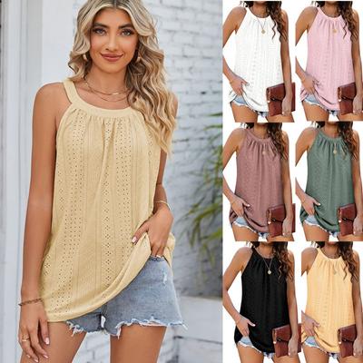 Damen Lockerer Rundhals Plissee Ösenweste Ärmelloses Träger T-Shirt für Damen