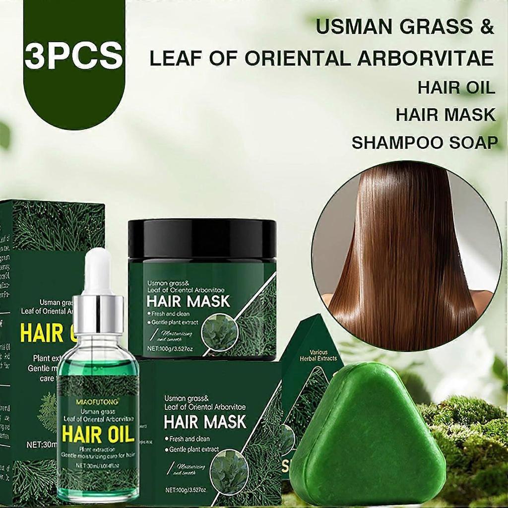 Natural Usman Grass Solid Shampoo and Conditioner Set, Hair Serum for Hair Growth, Anti-Dandruff, Damage Repair, Reducing Thinning Hair Loss with Leaf